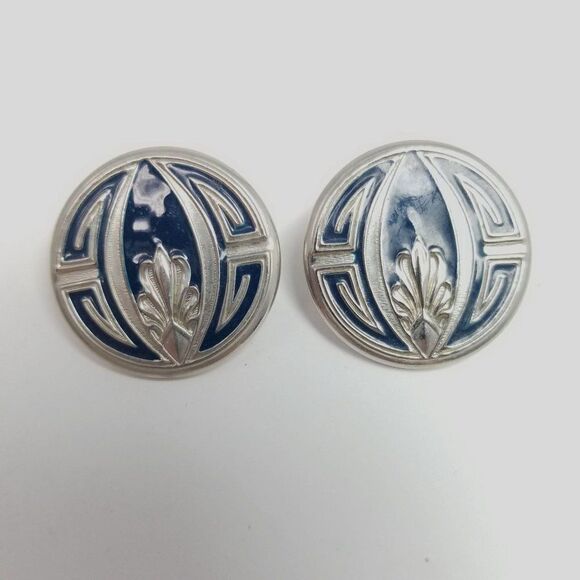 Vintage Retro Blue Enamel Round Stud Earrings 70s Style Silver Tone Retro Estate - Picture 2 of 6